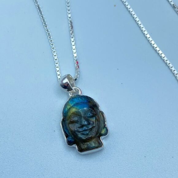 Buddha Carved Labradorite Solid Sterling Silver Necklace - Picture 4 of 8